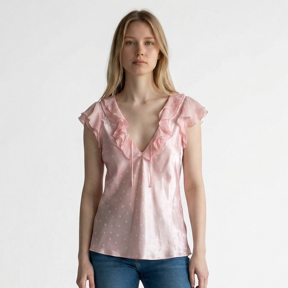 Oscar de la Renta Pink Label Polka Dot Satin‎ Ruffle V-Neck Y2K Top Pink Medium